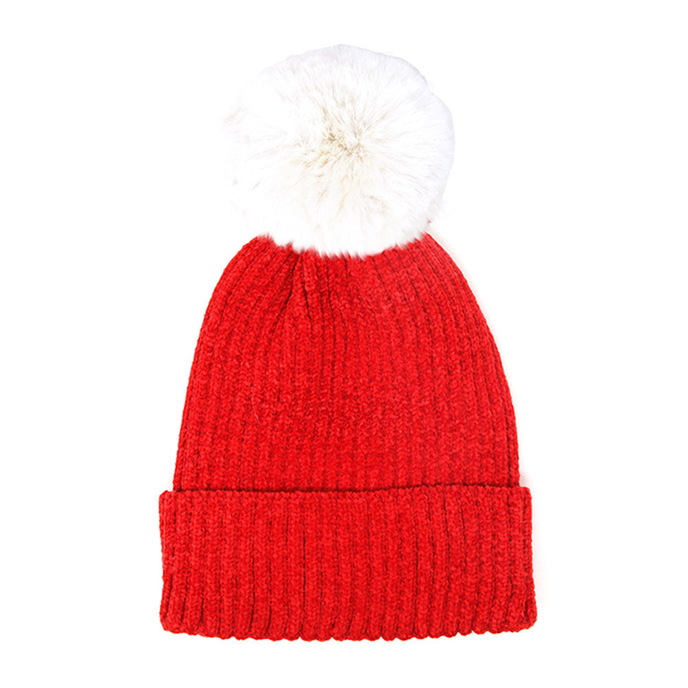 Red Solid Chenille Pom Pom Beanie Hat Pom Pom Winter Hat Chenille Beanie Hat Solid Color Hat Warm Beanie Womens Hat Solid Chenille Hat Faux Fur Pom Pom Hat Faux Fur Beanie