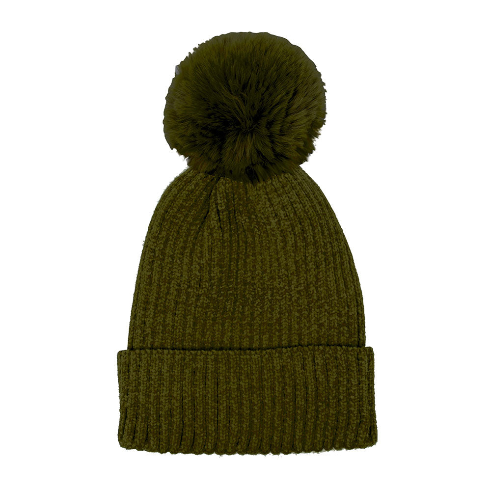 Olive Solid Chenille Pom Pom Beanie Hat Pom Pom Winter Hat Chenille Beanie Hat Solid Color Hat Warm Beanie Womens Hat Solid Chenille Hat Faux Fur Pom Pom Hat Faux Fur Beanie