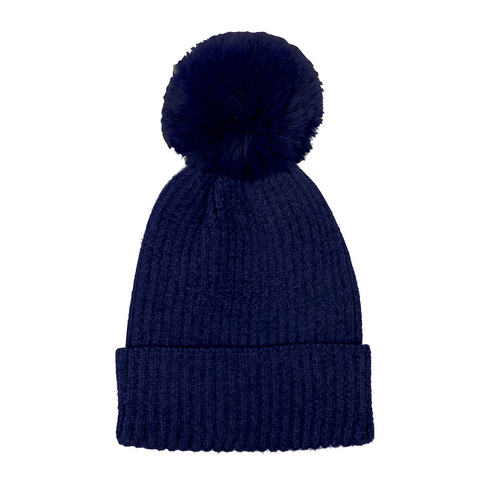 Navy Chenille Pom Pom Beanie Hat Pom Pom Winter Hat Chenille Beanie Hat Solid Color Hat Warm Beanie Womens Hat Solid Chenille Hat Faux Fur Pom Pom Hat Faux Fur Beanie