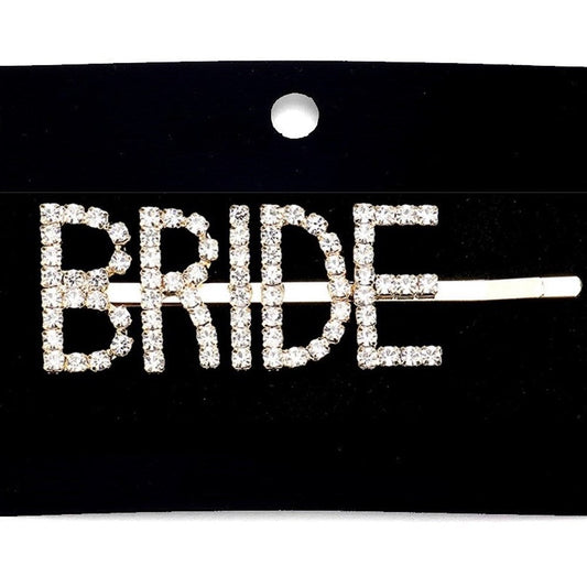 Sparkly Crystal Pave "BRIDE" Rhinestone Hair Pin, Perfect for adding just the right amount of sparkle, elegant glamour to your hair style, adorn your updo and show off your shiny rhinestone-studded message bobby pin. Clear/Gold, Clear/Rhodium; Wedding, Bridal Shower, Bachelorette Party, Honeymoon