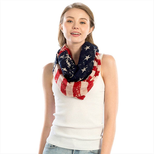 American Flag Printed Infinity Scarf, very patriotic & fun scarf is such an easy accessory. Scarf is super soft and super light. Wear it year round to show your patriotism. Jazz up your red, white & blue outfit, show your true American colors for every Holiday, Elections! Blue/Red/White; Size: 36" x 36"; 100% Polyester
