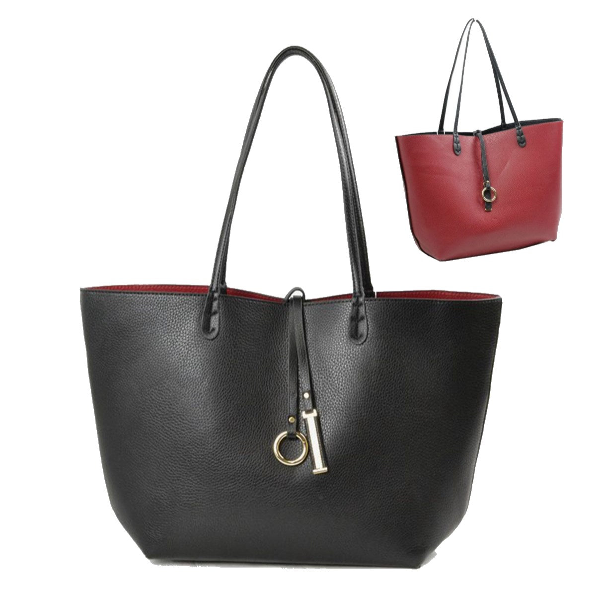Soft Pebbled Faux Leather Reversible 2in1 Tote, Shoulder Handbag, comes with a coordinating zippered bag, can be used over the shoulder/crossbody. Easy-to-carry is completed with gold-tone hardware; Dimen: 17"x5"x11"; Dark Gray/Blue; Navy/Red; Black/Gray; Red/Black; Double Handle; Detachable bag included; 52″ Adj Strap
