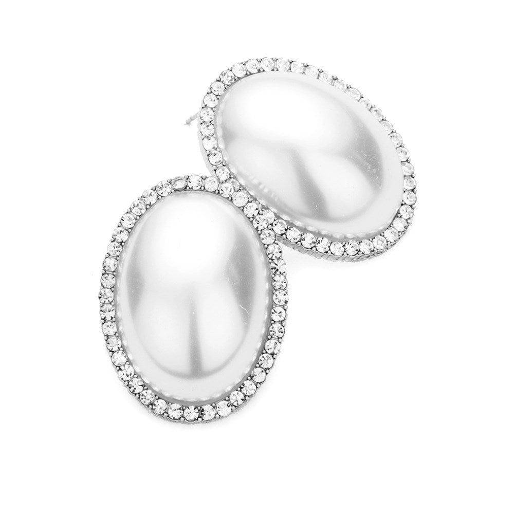 Classic Elegant Crystal Pave Trimmed Oval Pearl Earrings Special Occasion, elegance becomes you in these lustrous studs, luminous faux pearls & sparkling pavé rhinestones adding just the right amount of shine, a look that’s polished to perfection. Great for Weddings, Prom, Sweet 16, Quinceanera, Graduation, Evening Wear