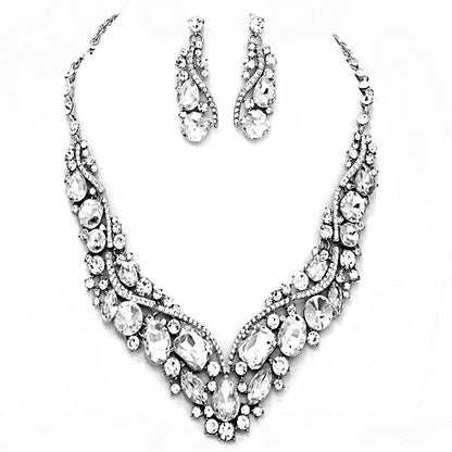 Classic Glass Crystal Inset Necklace w/ matching Earrings, dare to dazzle with this bejeweled set designed to accent the neckline and enhance the eyes. Perfect for that LBD, add some glitz and Glamour. Ideal gift for a loved one or yourself. Perfect for a night out, holiday party, special event, wedding, prom, sweet 16