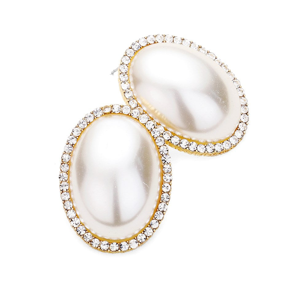 Classic Elegant Crystal Pave Trimmed Oval Pearl Earrings Special Occasion, elegance becomes you in these lustrous studs, luminous faux pearls & sparkling pavé rhinestones adding just the right amount of shine, a look that’s polished to perfection. Great for Weddings, Prom, Sweet 16, Quinceanera, Graduation, Evening Wear