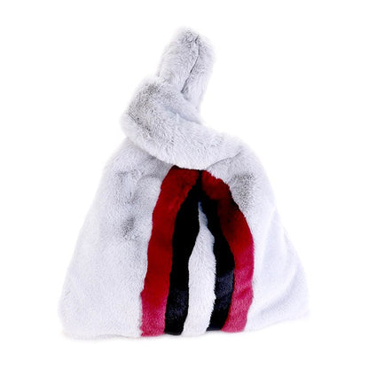 Colorblock Fluffy Faux Fur Slouchy Tote Bag Handbag Detachable Strap. Plush soft touch easy-to-carry bag will add a plush accent to your cool-weather look. Step out in style, the perfect gift! Dim 15" X 17"; 100% Polyester; Black, Brown, Gray, White; Strap Size : 28.5"L; Magnetic Closure; No Pocket Inside