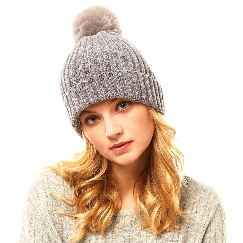 Solid Chenille Pom Pom Beanie Hat Pom Pom Winter Hat Chenille Beanie Hat Solid Color Hat Warm Beanie Womens Hat Solid Chenille Hat Faux Fur Pom Pom Hat Faux Fur Beanie