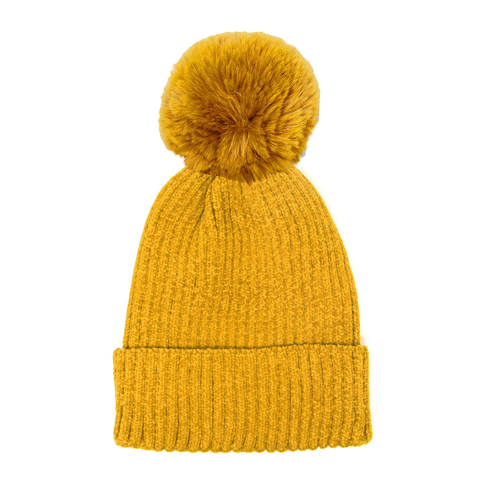 Mustard Solid Chenille Pom Pom Beanie Hat Pom Pom Winter Hat Chenille Beanie Hat Solid Color Hat Warm Beanie Womens Hat Solid Chenille Hat Faux Fur Pom Pom Hat Faux Fur Beanie