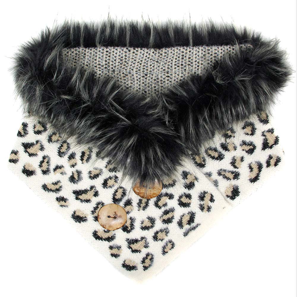 Leopard Faux Fur Chenille Triangle Tube Scarf with Button Details, warm cozy over the shoulder scarf, plushy addition to any cold-weather ensemble, adds a modern touch to the cozy style with a bold animal print. Put over jacket, jazz up your look. Feel Warm & Stylish; Ideal Gift for holiday; Taupe, Gray, Ivory, Beige; 