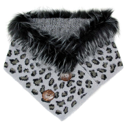 Leopard Faux Fur Chenille Triangle Tube Scarf with Button Details, warm cozy over the shoulder scarf, plushy addition to any cold-weather ensemble, adds a modern touch to the cozy style with a bold animal print. Put over jacket, jazz up your look. Feel Warm & Stylish; Ideal Gift for holiday; Taupe, Gray, Ivory, Beige; 