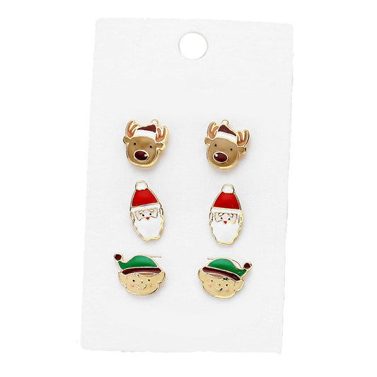 3Pairs Christmas Enamel Mixed Rudolph Elf Santa Claus Earrings Christmas Trio Earrings, perfect for the festive season, embrace the Christmas spirit with these cute studs, these adorable 3pack earrings are bound to cause a smile or two. Perfect Gift December Birthday, Christmas, Stocking Stuffer, Secret Santa, BFF, etc