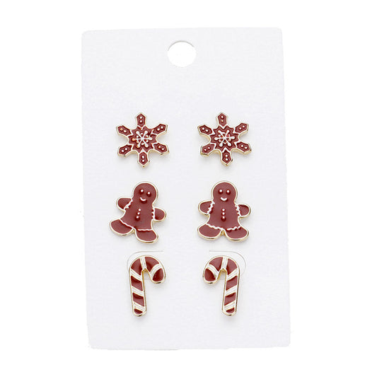 3Pairs Christmas Enamel Snowflake Gingerbread Man Candy Cane Earrings Christmas Earrings, perfect for the festive season, embrace the Christmas spirit with these cute studs, these adorable 3pack earrings are bound to cause a smile or two. Perfect Gift December Birthday, Christmas, Stocking Stuffer, Secret Santa, BFF