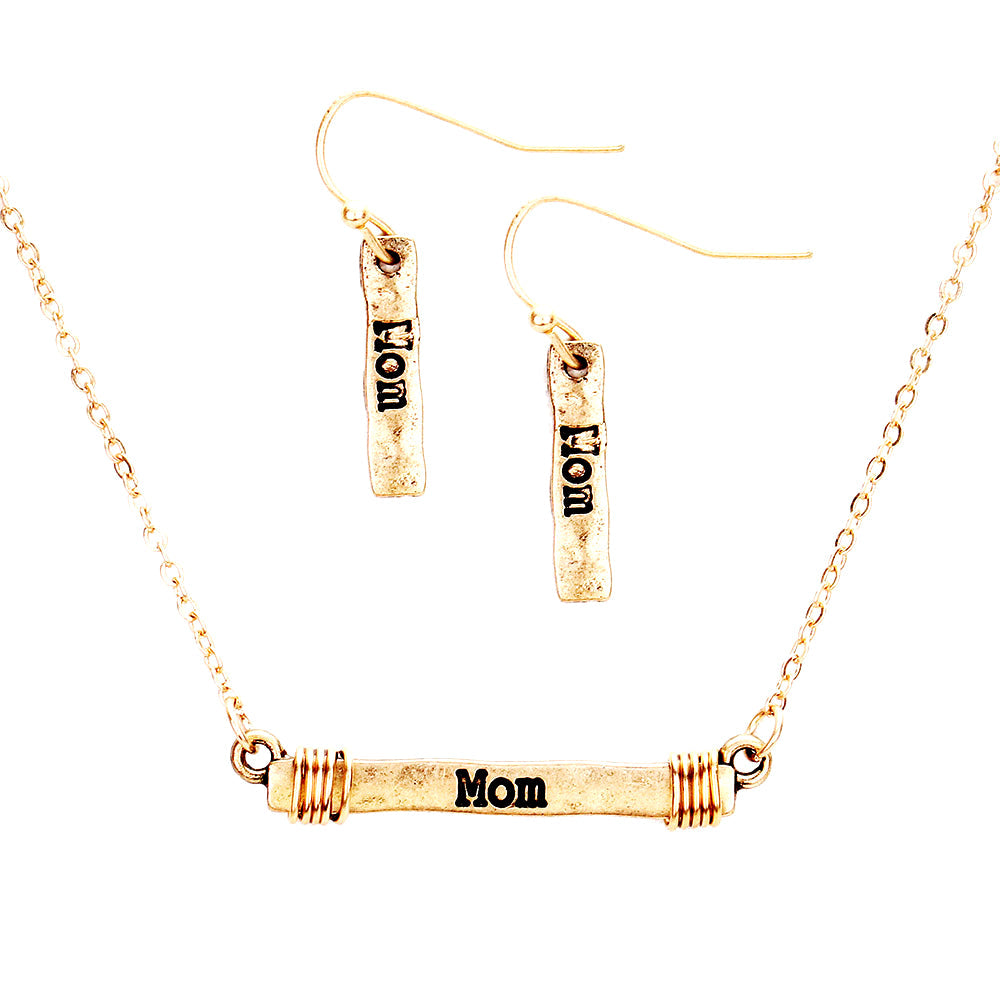 'MOM' Irregular Horizontal Metal Bar Pendant Necklace & Earrings, wear over your favorite tops & dresses! A timeless treasure designed to add a gorgeous stylish glow to any outfit style. Show mom how much she is appreciated & loved with this fabulous detail perfect for Birthday, Mother's Day Gift or Just Because!