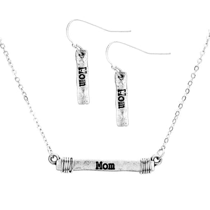 'MOM' Irregular Horizontal Metal Bar Pendant Necklace & Earrings, wear over your favorite tops & dresses! A timeless treasure designed to add a gorgeous stylish glow to any outfit style. Show mom how much she is appreciated & loved with this fabulous detail perfect for Birthday, Mother's Day Gift or Just Because!