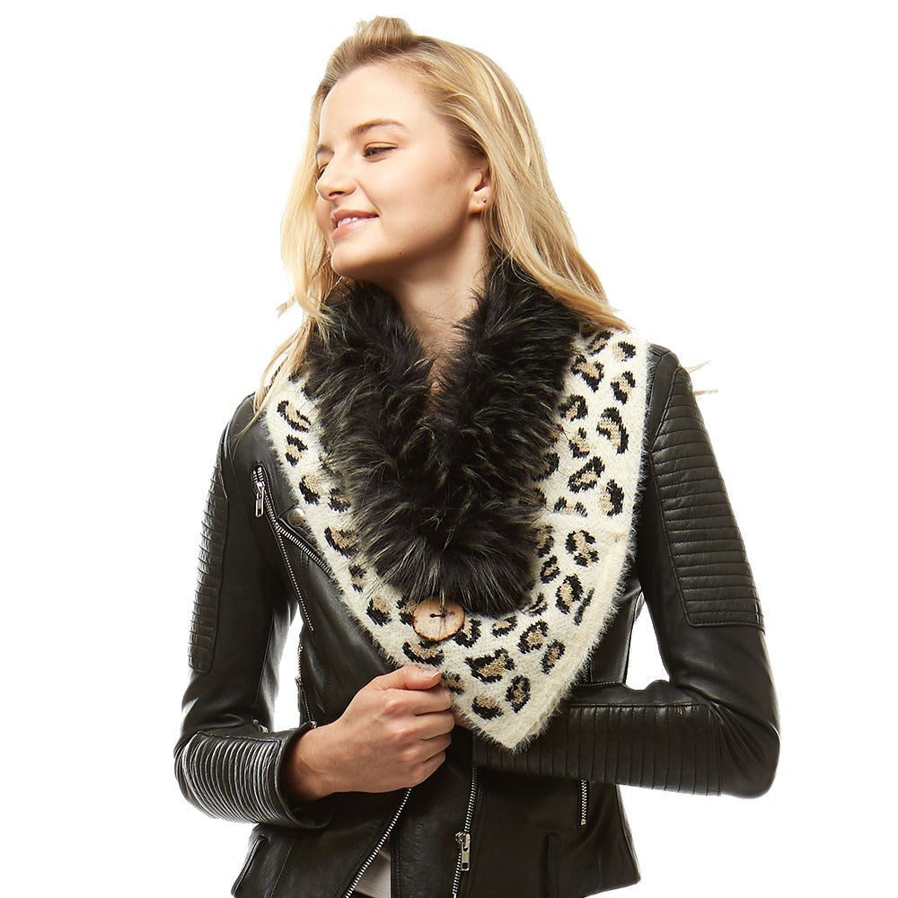 Leopard Faux Fur Chenille Triangle Tube Scarf with Button Details, warm cozy over the shoulder scarf, plushy addition to any cold-weather ensemble, adds a modern touch to the cozy style with a bold animal print. Put over jacket, jazz up your look. Feel Warm & Stylish; Ideal Gift for holiday; Taupe, Gray, Ivory, Beige; 