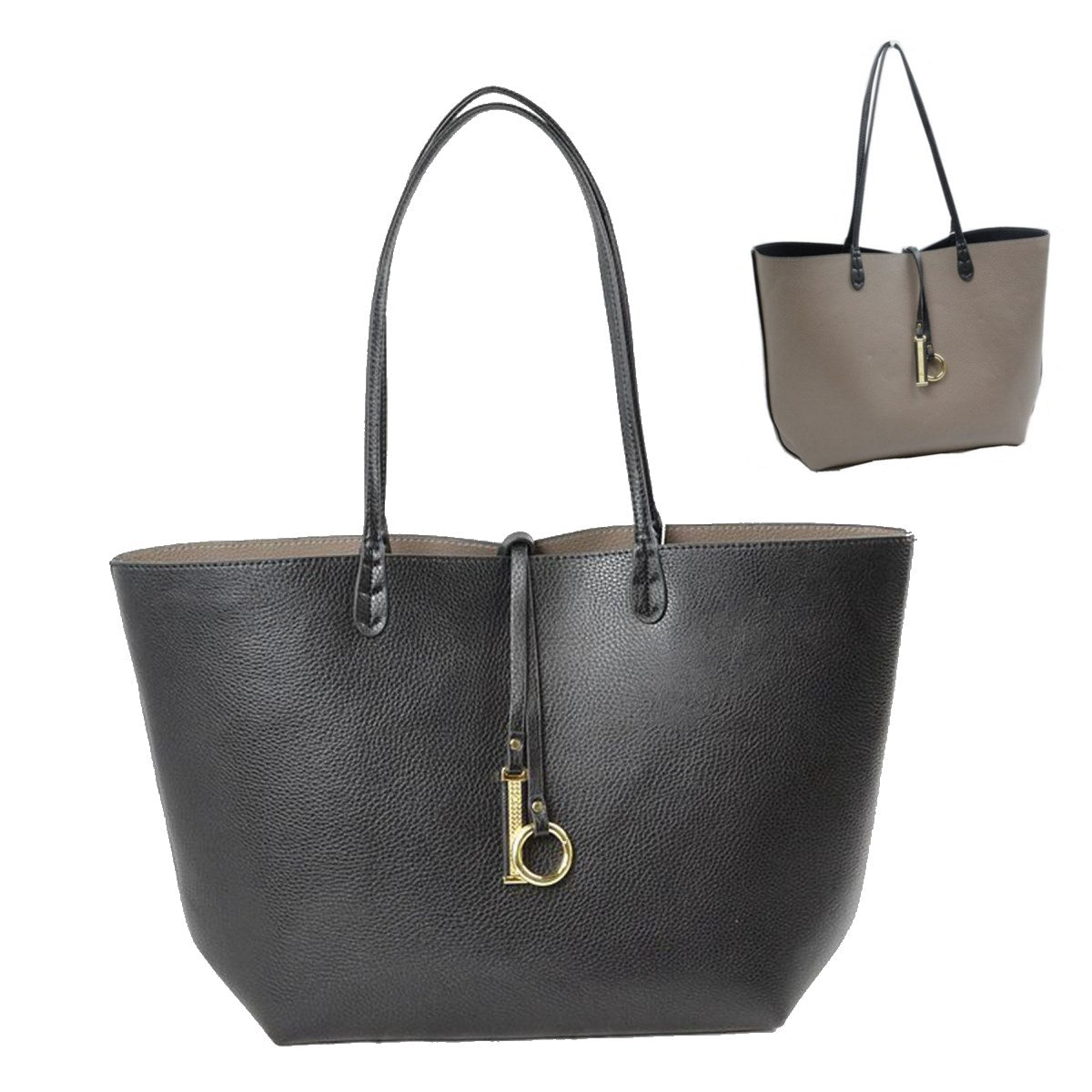 Soft Pebbled Faux Leather Reversible 2in1 Tote, Shoulder Handbag, comes with a coordinating zippered bag, can be used over the shoulder/crossbody. Easy-to-carry is completed with gold-tone hardware; Dimen: 17"x5"x11"; Dark Gray/Blue; Navy/Red; Black/Gray; Red/Black; Double Handle; Detachable bag included; 52″ Adj Strap