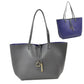 Soft Pebbled Faux Leather Reversible 2in1 Tote, Shoulder Handbag, comes with a coordinating zippered bag, can be used over the shoulder/crossbody. Easy-to-carry is completed with gold-tone hardware; Dimen: 17"x5"x11"; Dark Gray/Blue; Navy/Red; Black/Gray; Red/Black; Double Handle; Detachable bag included; 52″ Adj Strap