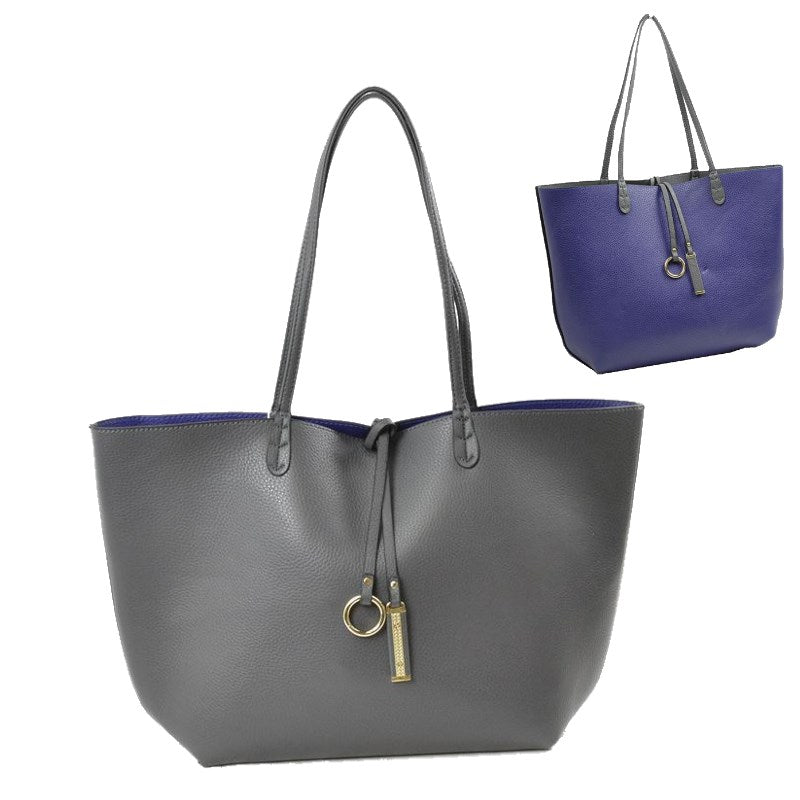 Soft Pebbled Faux Leather Reversible 2in1 Tote, Shoulder Handbag, comes with a coordinating zippered bag, can be used over the shoulder/crossbody. Easy-to-carry is completed with gold-tone hardware; Dimen: 17"x5"x11"; Dark Gray/Blue; Navy/Red; Black/Gray; Red/Black; Double Handle; Detachable bag included; 52″ Adj Strap