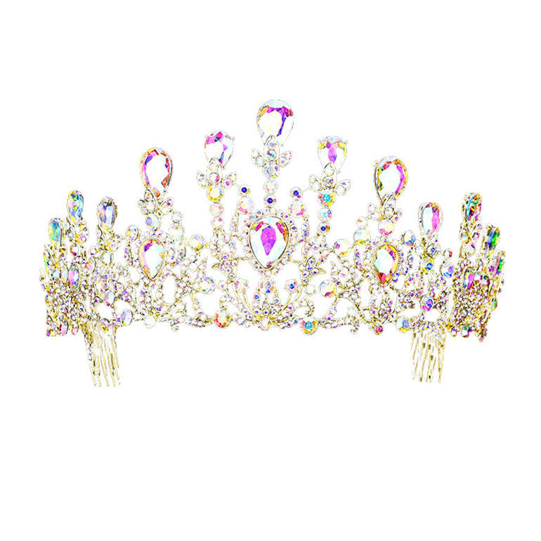 AB Gold Crystal Teardrop Detail Bubble Stone Pave Marquise Tiara, this tiara features precious stones and an artistic design. Makes You More Eye-catching in the Crowd. Suitable for Wedding, Engagement, Prom, Dinner Party, Birthday Party, Any Occasion You Want to Be More Charming.