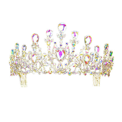 AB Gold Crystal Teardrop Detail Bubble Stone Pave Marquise Tiara, this tiara features precious stones and an artistic design. Makes You More Eye-catching in the Crowd. Suitable for Wedding, Engagement, Prom, Dinner Party, Birthday Party, Any Occasion You Want to Be More Charming.