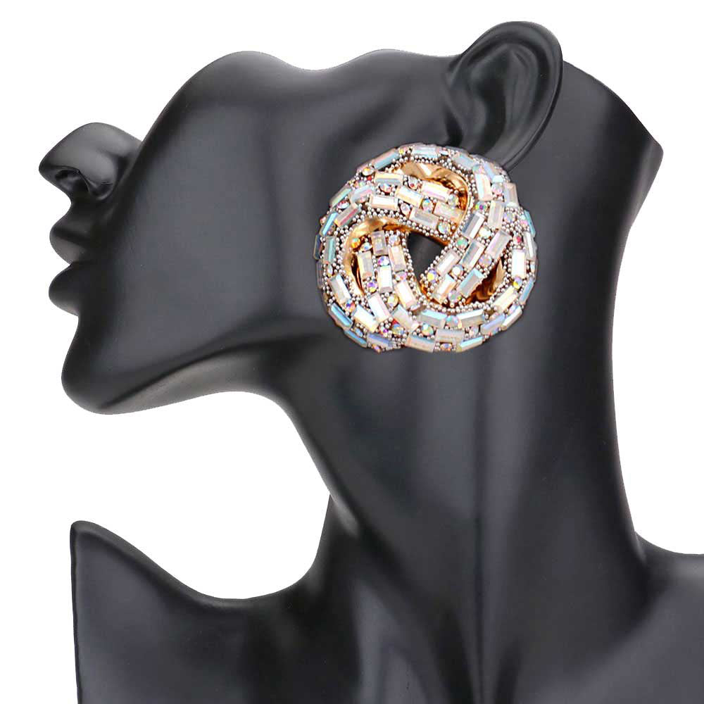 AB Gold Cylinder Stone Embellished Round Post Earrings. Elegance becomes you in these lightweight and playful, shiny glamorous Stone post earrings, the perfect sparkling accessory to add some sophisticated fun to your next social event. Coordinate these round post earrings with any ensemble from business casual to wear, they will dangle on your earlobes & bring a smile to those who look at you.