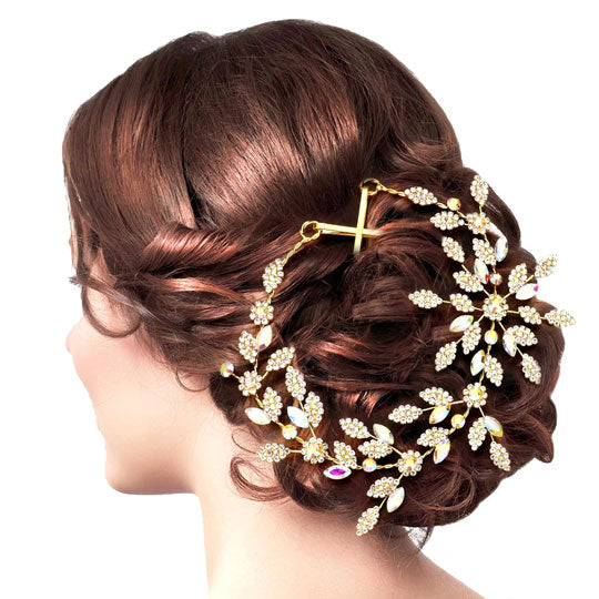 AB Gold Marquise Stone Accented Rhinestone Leaf Cluster Vine Wrap Headpiece. Perfect for adding just the right amount of shimmer & shine, will add a touch of class, beauty and style to your wedding, prom, special events, embellished glass crystal to keep your hair sparkling all day & all night long.