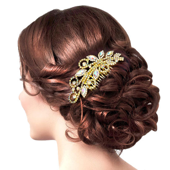 AB Gold Marquise Stone Accented Wedding Bridal Rhinestone Hair Comb. Perfect for adding just the right amount of shimmer & shine, will add a touch of class, beauty and style to your wedding, prom, special events, embellished glass crystal to keep your hair sparkling all day & all night long.