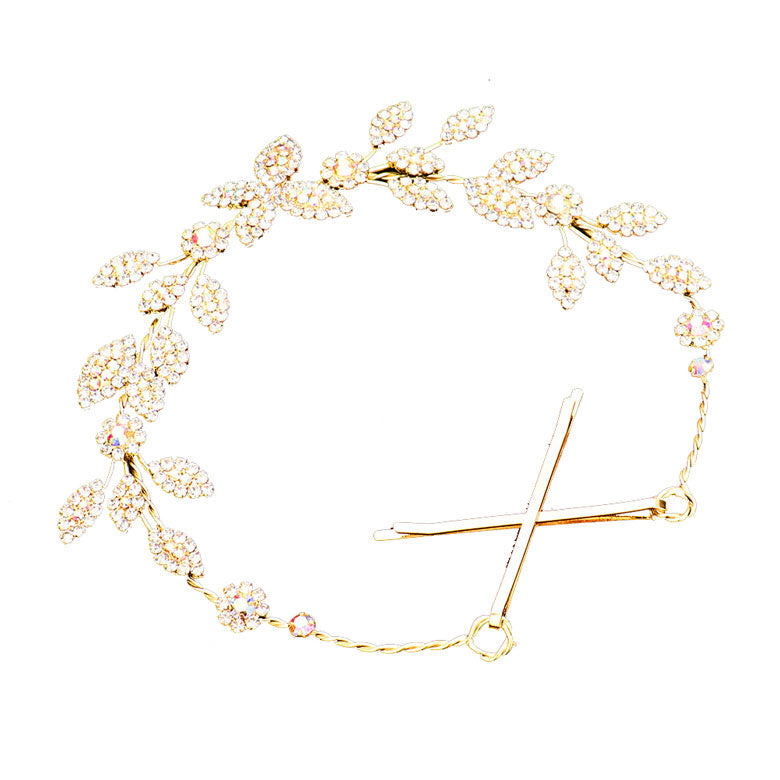 AB Gold Rhinestone Embellished Leaf Cluster Vine Bun Wrap Headpiece. Perfect for adding just the right amount of shimmer & shine, will add a touch of class, beauty and style to your wedding, prom, special events, embellished glass crystal to keep your hair sparkling all day & all night long