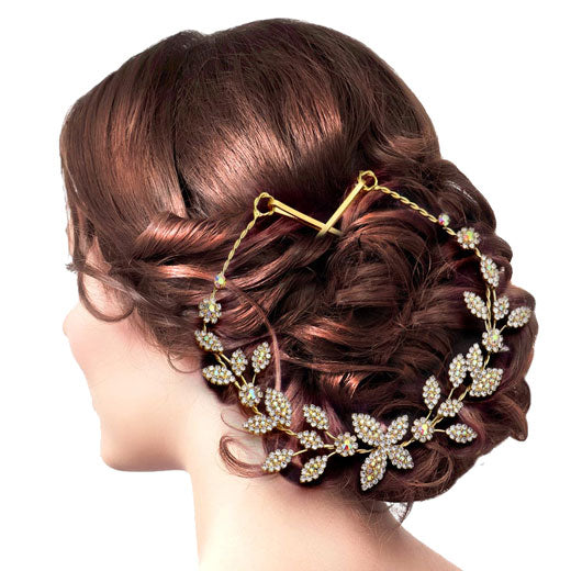 AB Gold Rhinestone Embellished Leaf Cluster Vine Bun Wrap Headpiece. Perfect for adding just the right amount of shimmer & shine, will add a touch of class, beauty and style to your wedding, prom, special events, embellished glass crystal to keep your hair sparkling all day & all night long
