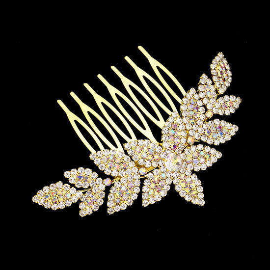 AB Gold  Rhinestone Flower Hair Comb, is a classic wedding and regular gorgeous hair accessory that fits the bride and the bridesmaid. It's perfect for any hair color and type that makes you more glamourous and shiny on a special occasion. Add spectacular sparkle to your hairdo. These Flower & Leaf themed hair comb is perfect for weddings, engagements, proms, evenings, anniversaries, parties, banquets, dances, friends gatherings and performances and so on.