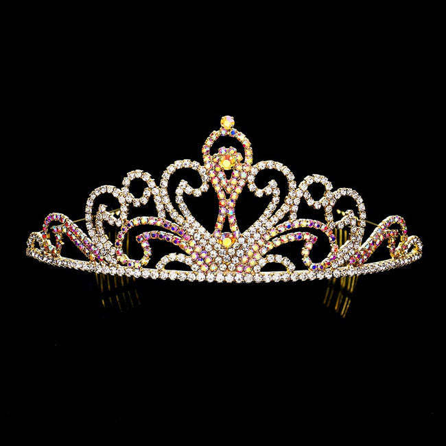 AB Gold Rhinestone Princess Tiara, this mini tiara is made of rhinestone; Easy wear, sturdy and non-breakable headgear. The mini hair accessory is really beautiful, Pretty and lightweight. Makes You More Eye-catching at events and wherever you go. Suitable for Wedding, Engagement, Birthday Party, Any Occasion You Want to Be More Charming.