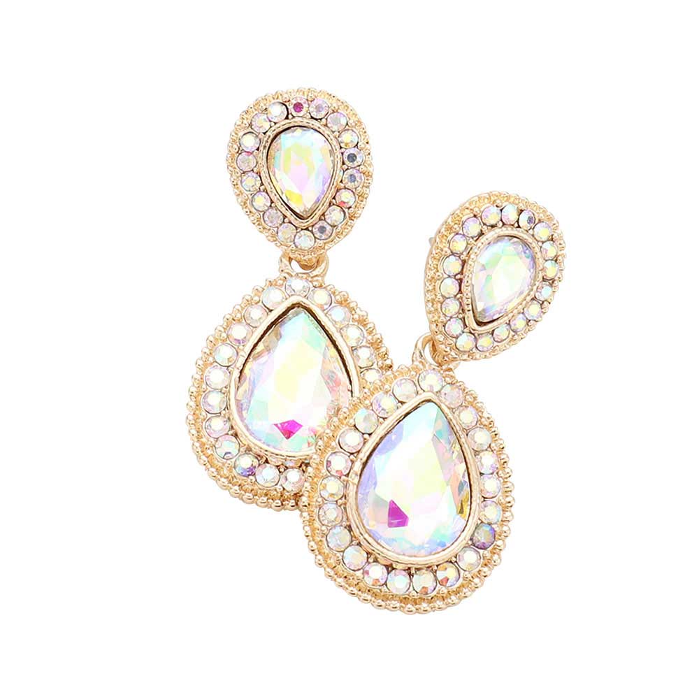 AB Gold Crystal Accent Rhinestone Trim Teardrop Evening Earrings,  the perfect set of sparkling earrings, pair these glitzy studs with any ensemble for a polished & sophisticated look. Ideal for dates, job interview, night out, prom, wedding, sweet 16, Quinceanera, special day. Perfect Gift Birthday, Holiday, Christmas, Valentine's Day, Anniversary, Just Because 