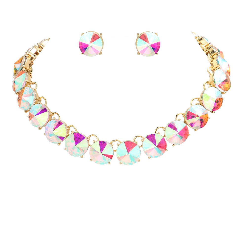 AB Gold Round Stone Link Evening Necklace, This gorgeous necklace jewelry set will show your class on any special occasion. The elegance of these stones goes unmatched, great for wearing at a party! Stunning jewelry set will sparkle all night long making you shine like a diamond on special occasions. Perfect jewelry to enhance your look and for wearing at parties, weddings, date nights, or any special event. 