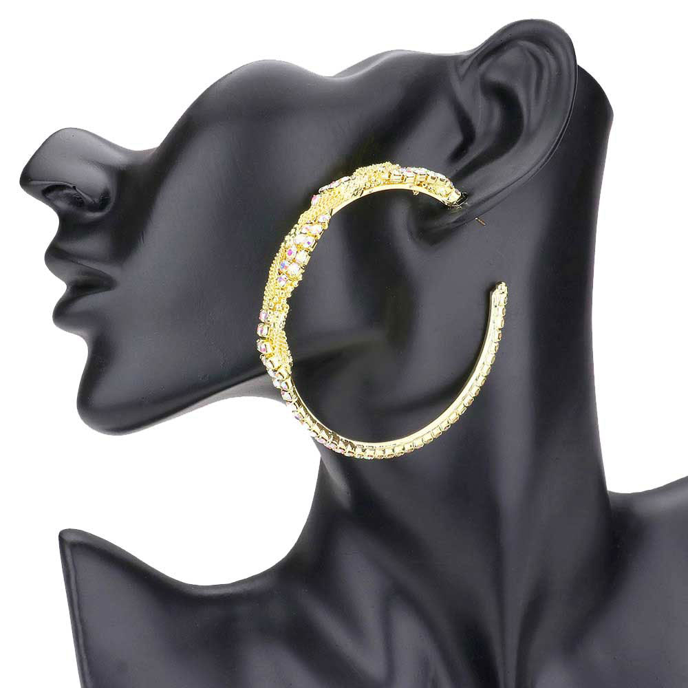 AB Gold Twisted Rhinestone & Metal Chain Hoop Earrings. Simple sophistication gives a lovely fashionable glow to any outfit style. Designed to enhance the earrings and add a gorgeous attractive shine to any clothing style. Perfect Birthday Gift, Anniversary Gift, Mother's Day Gift, Just Because Gift or Any Other Events.