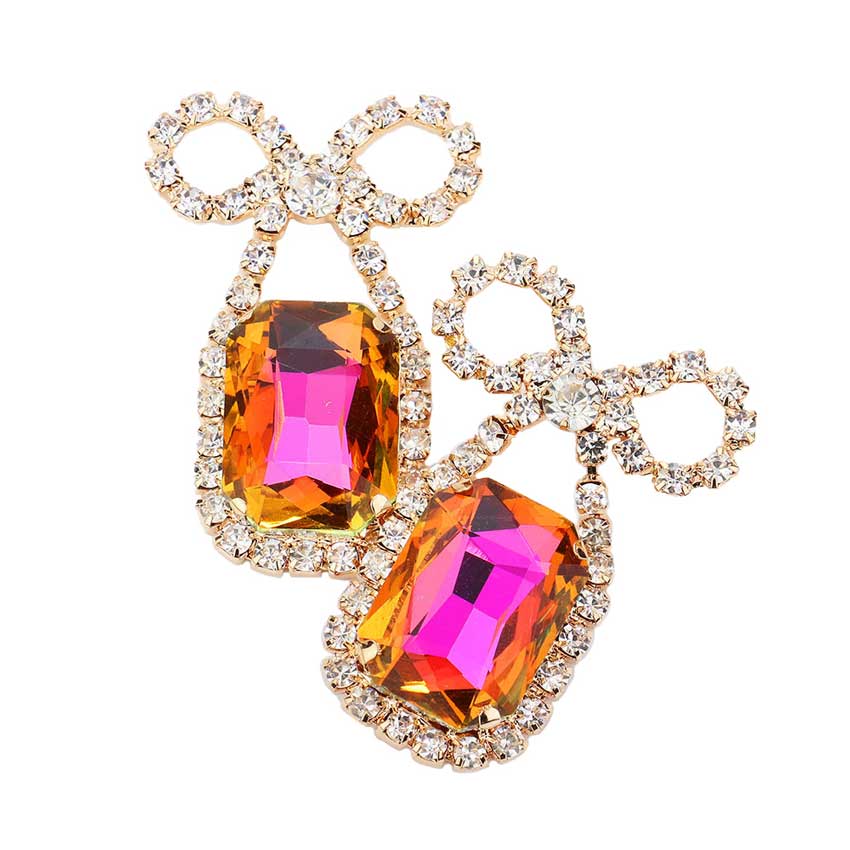 AB Purple Rhinestone Bow Emerald Cut Stone Evening Earrings, elegance becomes you in these lightweight and playful, shiny glamorous studs, the perfect sparkling accessory to add some sophisticated fun to your next social event. Throw your hair up and show off how artfully these exquisite earrings sway! Suitable for wear Party, Wedding, Date Night or any special events. Perfect Birthday, Thank you Gift.