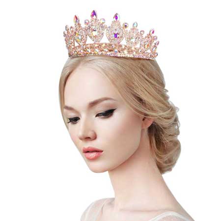 AB Rose Gold Multi Stone Embellished Queen Tiara. Perfect for adding just the right amount of shimmer & shine, will add a touch of class, beauty and style to your wedding, prom, special events, embellished glass Stone to keep your hair sparkling all day & all night long. Suitable for Wedding, Engagement, Prom, Dinner, Birthday.