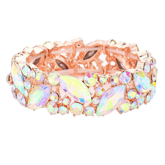 AB Rose Gold Crystal Glass Marquise Evening Stretch Bracelet. This Crystal Evening Stretch Bracelet sparkles all around with it's surrounding, stretch bracelet that is easy to put on, take off and comfortable to wear. It looks modern and is just the right touch to set off. Perfect jewelry to enhance your look. Awesome gift for birthday, Anniversary, Valentine‚Äôs Day or any special occasion.