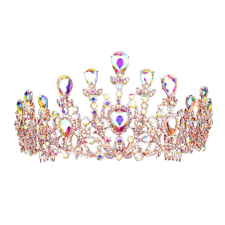 AB Rose Gold Crystal Teardrop Detail Bubble Stone Pave Marquise Tiara, this tiara features precious stones and an artistic design. Makes You More Eye-catching in the Crowd. Suitable for Wedding, Engagement, Prom, Dinner Party, Birthday Party, Any Occasion You Want to Be More Charming.