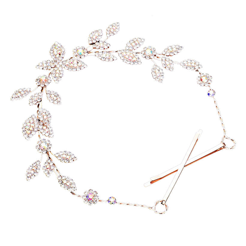 AB Rose Gold Rhinestone Embellished Leaf Cluster Vine Bun Wrap Headpiece. Perfect for adding just the right amount of shimmer & shine, will add a touch of class, beauty and style to your wedding, prom, special events, embellished glass crystal to keep your hair sparkling all day & all night long