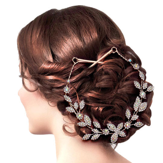 AB Rose Gold Rhinestone Embellished Leaf Cluster Vine Bun Wrap Headpiece. Perfect for adding just the right amount of shimmer & shine, will add a touch of class, beauty and style to your wedding, prom, special events, embellished glass crystal to keep your hair sparkling all day & all night long