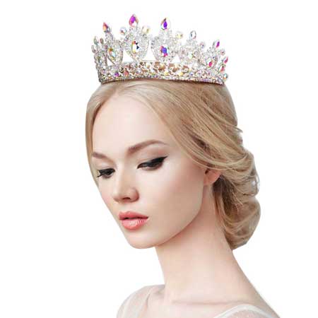 AB Silver Multi Stone Embellished Queen Tiara. Perfect for adding just the right amount of shimmer & shine, will add a touch of class, beauty and style to your wedding, prom, special events, embellished glass Stone to keep your hair sparkling all day & all night long. Suitable for Wedding, Engagement, Prom, Dinner, Birthday.