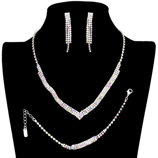 AB Silver 3PCS 3Rows Crystal Rhinestone Necklace Jewelry Set. These gorgeous Rhinestone pieces will show your class in any special occasion. The elegance of these Crystal goes unmatched, great for wearing at a party! . Perfect for adding just the right amount of glamour and sophistication to important occasions. These classy necklaces are perfect for Party, Wedding and Evening. Awesome gift for birthday, Anniversary, Valentine’s Day or any special occasion.