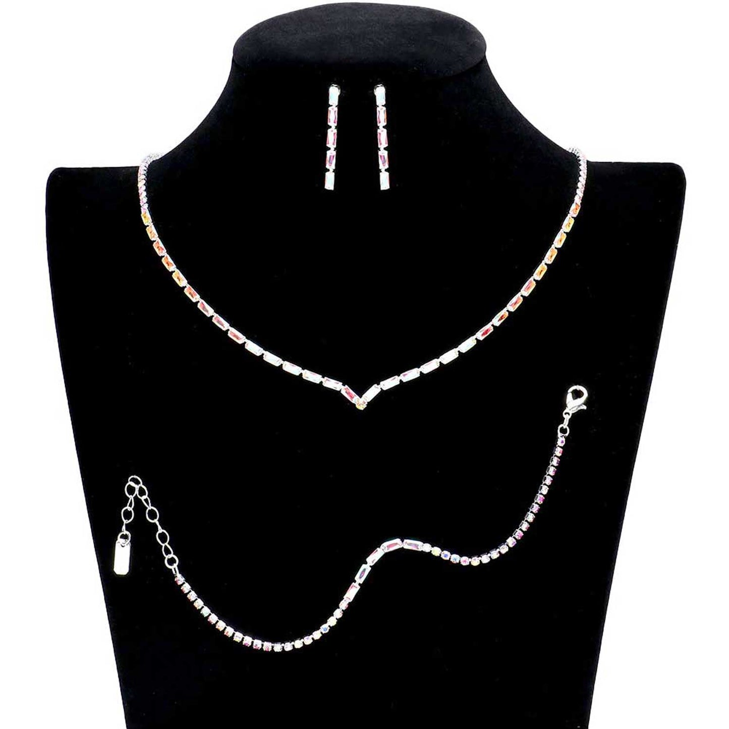 AB Silver 3PCS Chevron Accented Rectangle Stone Necklace Jewelry Set, These Necklace jewelry sets are Elegant. Beautifully crafted design adds a gorgeous glow to any outfit. Get ready with these stone Necklace and a bright Bracelet. Perfect for adding just the right amount of shimmer & shine and a touch of class to special events. Suitable for wear Party, Wedding, Date Night or any special events. Perfect Birthday, Anniversary, Prom Jewelry, Thank you Gift. 