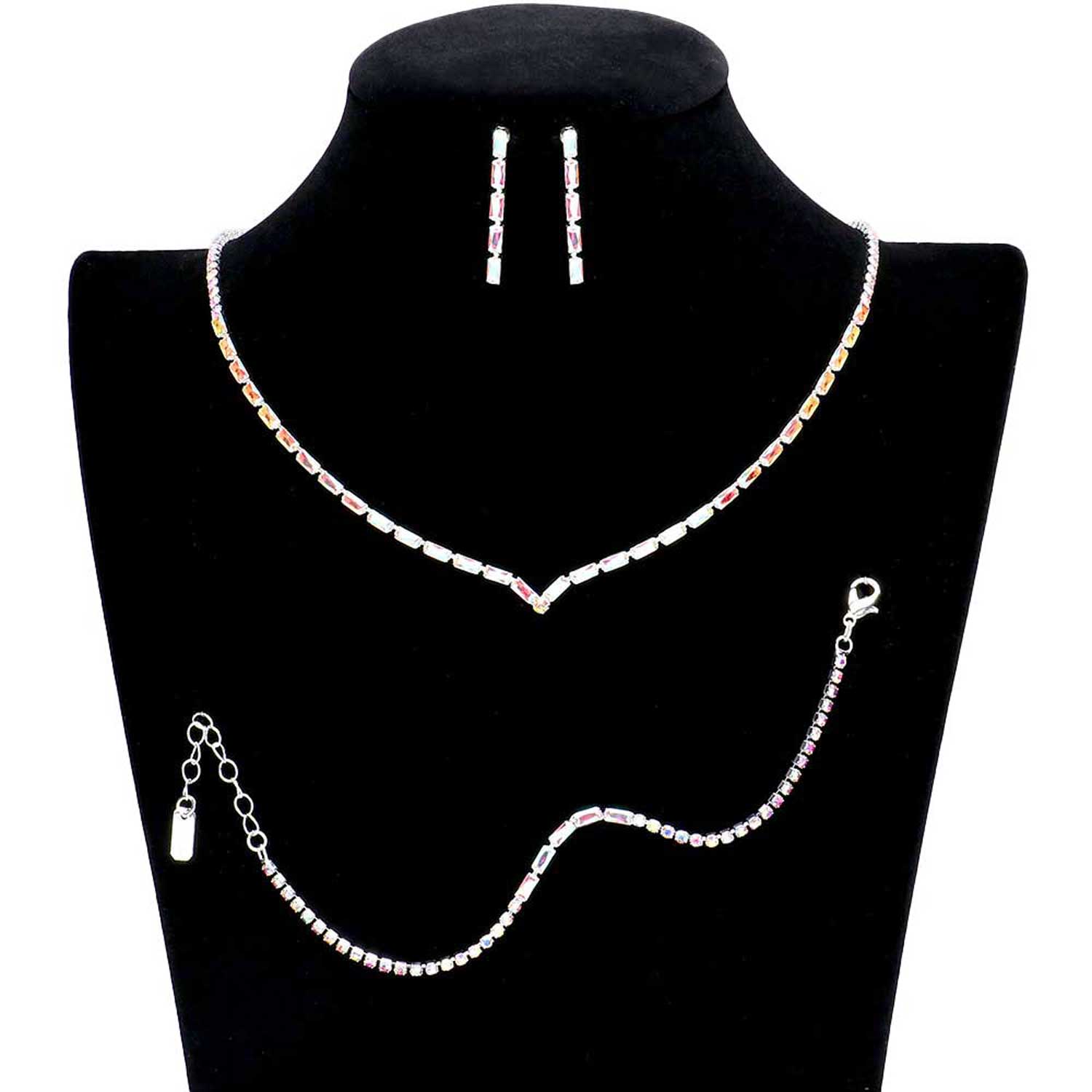 AB Silver 3PCS Chevron Accented Rectangle Stone Necklace Jewelry Set, These Necklace jewelry sets are Elegant. Beautifully crafted design adds a gorgeous glow to any outfit. Get ready with these stone Necklace and a bright Bracelet. Perfect for adding just the right amount of shimmer & shine and a touch of class to special events. Suitable for wear Party, Wedding, Date Night or any special events. Perfect Birthday, Anniversary, Prom Jewelry, Thank you Gift. 