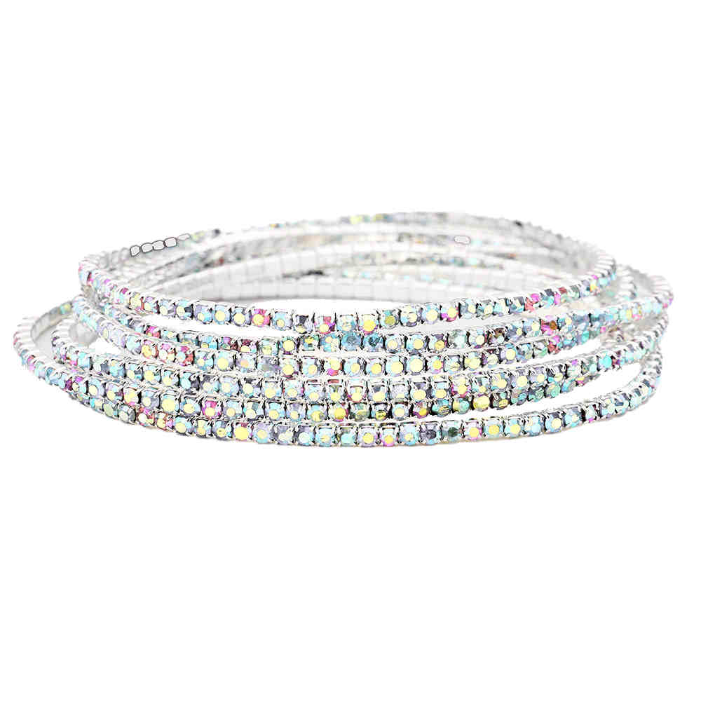 AB Silver 6pcs Crystal Rhinestone Stretch Layered Bracelets, beautiful crystal clear rhinestones; add this 6 piece layered bracelet to light up any outfit, feel absolutely flawless. Fabulous fashion and sleek style. Perfect Birthday Gift, Anniversary Gift, Mother's Day Gift, Thank you Gift, 