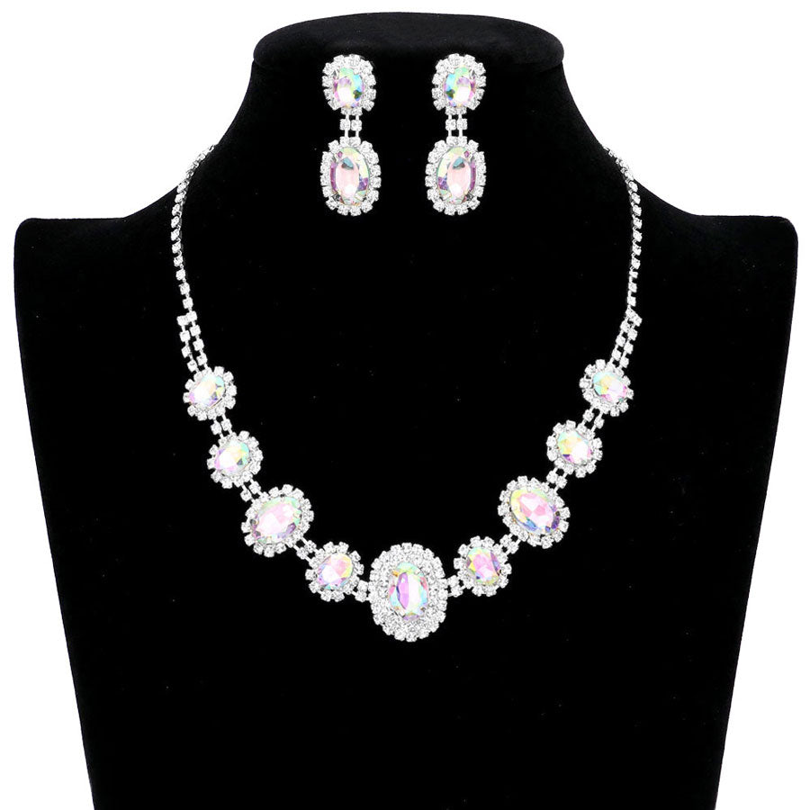 AB Silver Oval Stone Accented Rhinestone Trimmed Necklace, These gorgeous Rhinestone pieces will show your class in any special occasion. Designed to accent the neckline, a fashion faithful, adds a gorgeous stylish glow to any outfit style, jewelry that fits your lifestyle! Suitable for wear Party, Wedding, Date Night or any special events. Perfect gift for Birthday, Anniversary, Valentine’s Day gift or any special occasion.