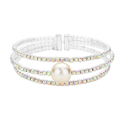 AB Silver Pearl Accented Split Rhinestone Evening Cuff Bracelet. These gorgeous rhinestone pieces will show your class in any special occasion. The elegance of these rhinestone goes unmatched, great for wearing at a party! Perfect jewelry to enhance your look. Awesome gift for birthday, Anniversary, Valentine’s Day or any special occasion.
