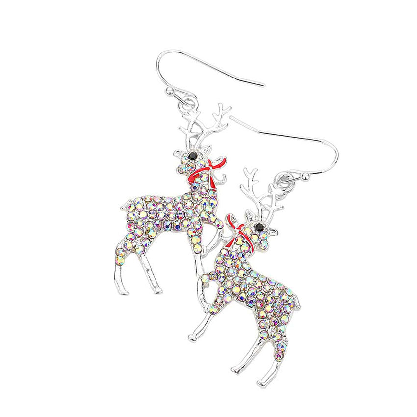 AB Silver Rhinestone Pave Christmas Deer Dangle Earrings. Get ready with these deer dangle earrings as part of your festive costume for or to dress up any outfit for the occasion. The colors are vibrant and the design is a seasonal delight. This animal themed earrings can be worn for chritsmas parties, cosplay, costume party, display, birthday, events, festivals, and so on, also nice for festive decorations gifts for your friend's and families.