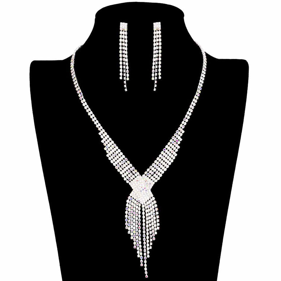 AB Silver Rhinestone Pave Fringe Necklace.  This magnificent pave fringe necklace will show a unique and gorgeous look with its open wide design. Give it to the loved one, or treat yourself for a trendy necklace style. You'll look and feel great with this fashion fringe necklace ! Pair this jewelry sets with any ensemble for a polished look, adds a gorgeous stylish glow to any outfit style, jewelry that fits your lifestyle! Fabulous gift, ideal for your loved one or yourself.