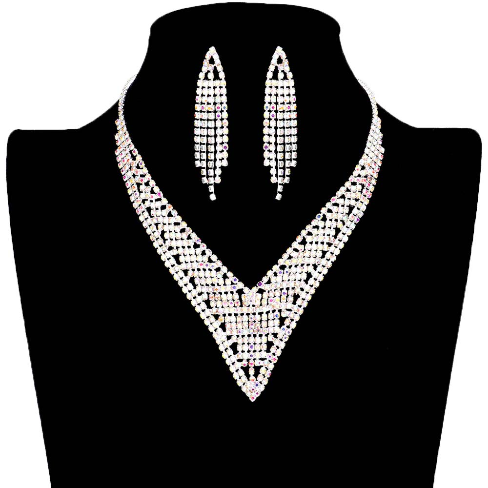 AB Silver Rhinestone Pave V Shape Collar Necklace, get ready with this rhinestone necklace to receive the best compliments on any special occasion. Put on a pop of color to complete your ensemble and make you stand out on special occasions. Awesome gift for birthdays, anniversaries, Valentine’s Day, or any special occasion.